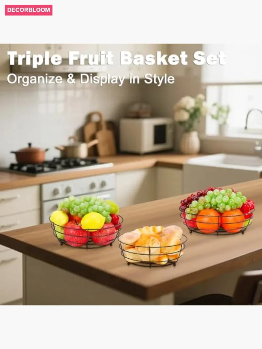 Set of 3 Metal Wire Fruit Baskets Kitchen Counter Storage Organizer